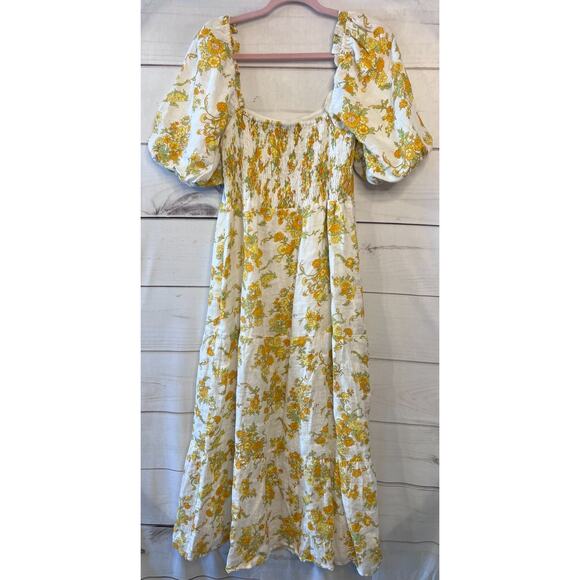 Faithfull The Brand Size MED Maxi Dres White Floral Print Smocked Back Boho - Picture 2 of 6